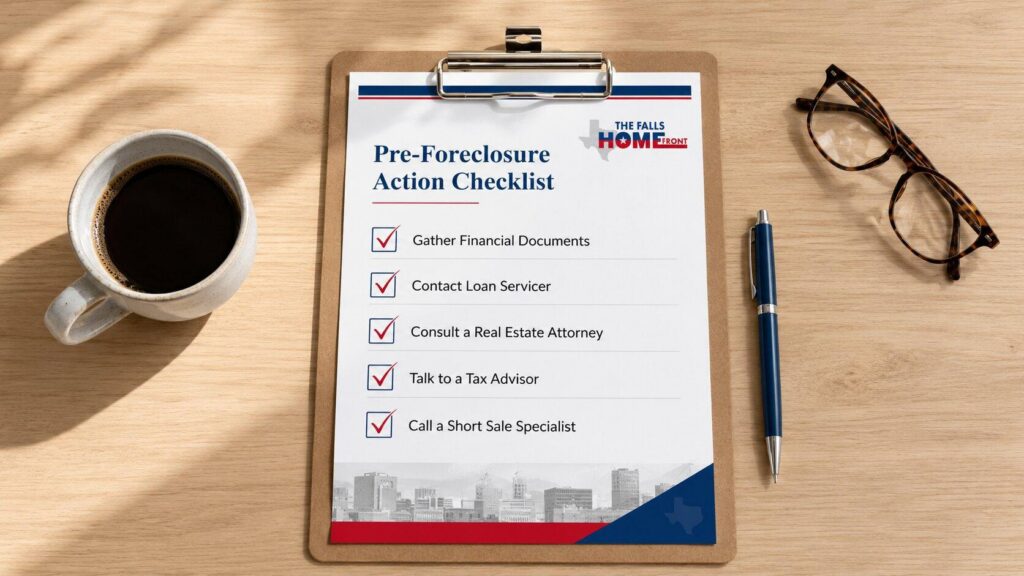 Checklist graphic for homeowners preparing for a short sale conversation 